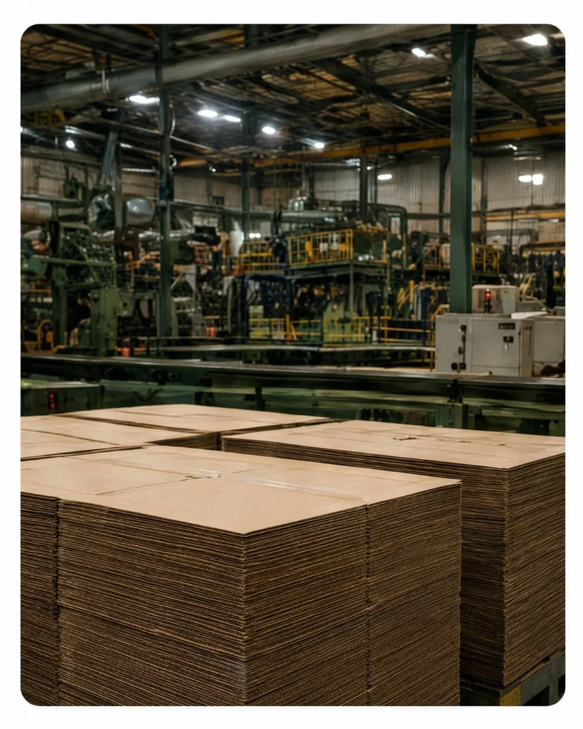 Instalación industrial con apilado de planchas de cartón en primer plano
